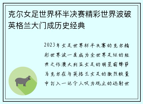 克尔女足世界杯半决赛精彩世界波破英格兰大门成历史经典