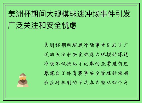 美洲杯期间大规模球迷冲场事件引发广泛关注和安全忧虑